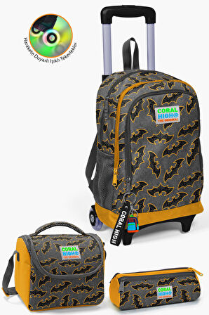 Coral High Kids Koyu Gri Hardal Yarasa Desenli Çekçekli 3'lü Çanta Seti SET0123921