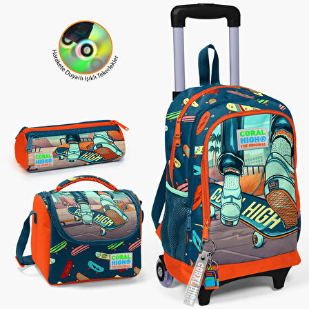 Coral High Kids Civit Neon Turuncu Kaykay Desenli Çekçekli 3'lü Çanta Seti SET0123923