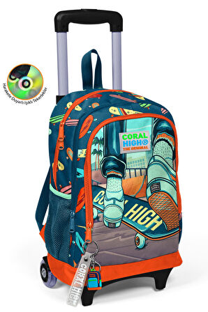 Coral High Kids Civit Neon Turuncu Kaykay Desenli Çekçekli 3'lü Çanta Seti SET0123923