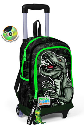 Coral High Kids Koyu Yeşil Siyah Dinazor Desenli Çekçekli 3'lü Çanta Seti SET0123925