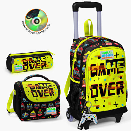 Coral High Kids Siyah Neon Sarı Game Over Desenli Çekçekli 3'lü Çanta Seti SET0123928