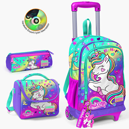 Coral High Kids Lavanta Su Yeşili Unicorn Desenli Çekçekli 3’lü Okul Çanta Seti SET0123929