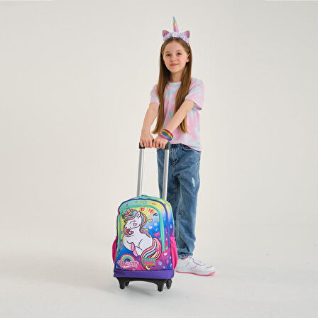 Coral High Kids Lavanta Su Yeşili Unicorn Desenli Çekçekli 3’lü Okul Çanta Seti SET0123929