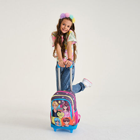 Coral High Kids Gri Mavi Pembe Anime Desenli Çekçekli 3’lü Okul Çanta Seti SET0123937