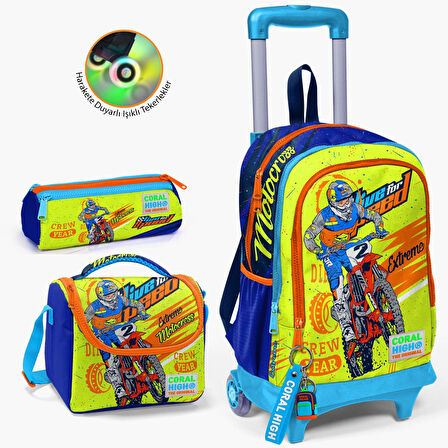 Coral High Kids Fosforlu Sarı Saks Motorsiklet Desenli Çekçekli 3'lü Çanta Seti SET0123942