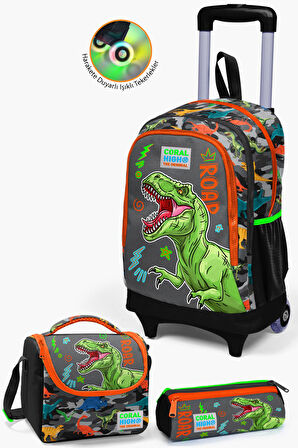 Coral High Kids Siyah Gri Dinozor Desenli Çekçekli 3'lü Çanta Seti SET0123944