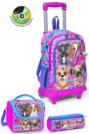 Coral High Kids Pembe Köpek Desenli Üç Bölmeli Çekçekli3'lü Çanta Seti SET0123950