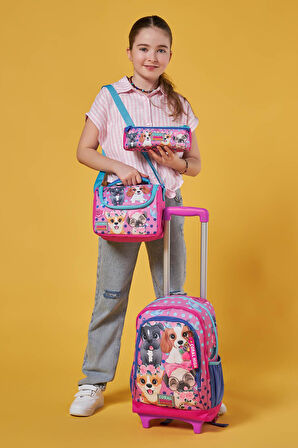 Coral High Kids Pembe Köpek Desenli Üç Bölmeli Çekçekli3'lü Çanta Seti SET0123950