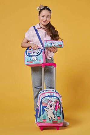 Coral High Kids Turkuaz Pembe Dondurmalı Kedi Desenli Üç Bölmeli Çekçekli 3'lü Çanta Seti SET0123951