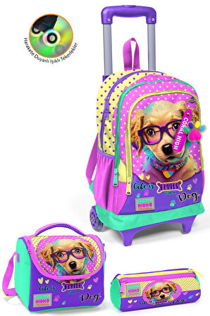 Coral High Kids Sarı Pembe Sevimli Köpek Desenli Üç Bölmeli Çekçekli 3'lü Çanta Seti SET0123952