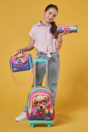 Coral High Kids Sarı Pembe Sevimli Köpek Desenli Üç Bölmeli Çekçekli 3'lü Çanta Seti SET0123952