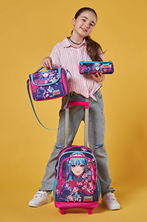 Coral High Kids Mor Pembe Anime Kedi Desenli Üç Bölmeli Çekçekli 3'lü Çanta Seti SET0123953