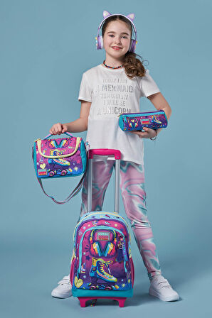 Coral High Kids Pembe Turkuaz Kulaklık Paten Desenli Çekçekli 3'lü Çanta Seti SET0123954