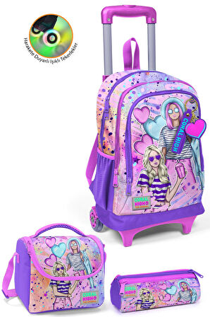 Coral High Kids Pembe Mor Fashion Girl Desenli Üç Bölmeli Çekçekli 3'lü Çanta Seti SET0123955