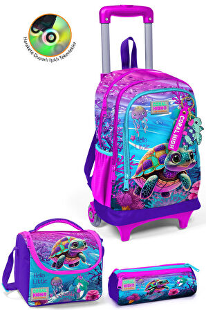 Coral High Kids Pembe Mor Kaplumbağa Desenli Üç Bölmeli Çekçekli 3'lü Çanta Seti SET0123956