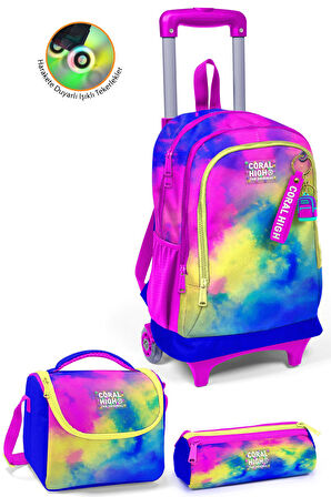 Coral High Kids Renkli Batik Desenli Üç Bölmeli Çekçekli 3'lü Çanta Seti SET0123957