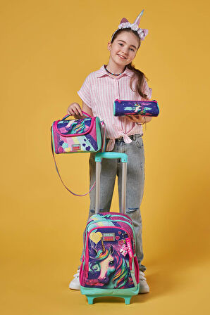 Coral High Kids Pembe Su Yeşili Unicorn Desenli Üç Bölmeli Çekçekli 3'lü Çanta Seti SET0123958