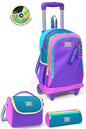 Coral High Kids Pembe Pastel Renkli Üç Bölmeli Çekçekli 3'lü Çanta Seti SET0123959