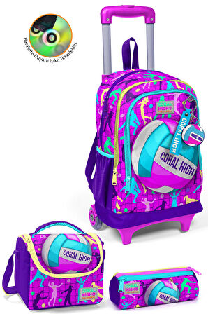 Coral High Kids Pembe Mor Voleybol Desenli Üç Bölmeli Çekçekli 3'lü Çanta Seti SET0123961