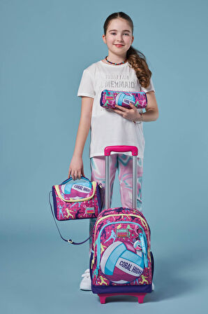 Coral High Kids Pembe Mor Voleybol Desenli Üç Bölmeli Çekçekli 3'lü Çanta Seti SET0123961