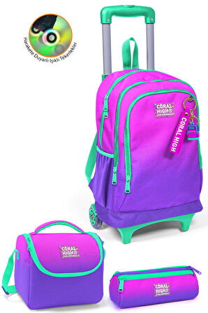 Coral High Kids Pembe Mor Renk Geçişli Üç Bölmeli Çekçekli 3'lü Çanta Seti SET0123962