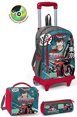 Coral High Kids Gri Nefti Anime Motorsiklet Desenli Üç Bölmeli Çekçekli 3'lü Çanta Seti SET0123964