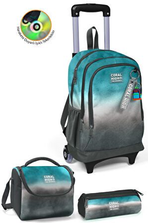 Coral High Kids Turkuaz Gri Batik Üç Bölmeli Çekçekli 3'lü Çanta Seti SET0123968