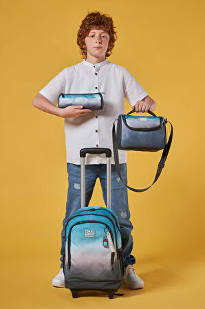 Coral High Kids Turkuaz Gri Batik Üç Bölmeli Çekçekli 3'lü Çanta Seti SET0123968