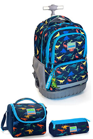 Coral High Kids Lacivert Dinozor Desenli Çekçekli 3'lü Çanta Seti SET0124024