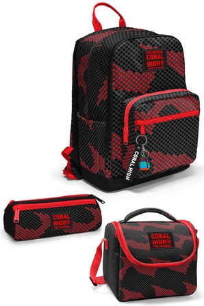 Coral High Siyah Kırmızı Desenli 3’lü Okul Çanta Seti SET0133233