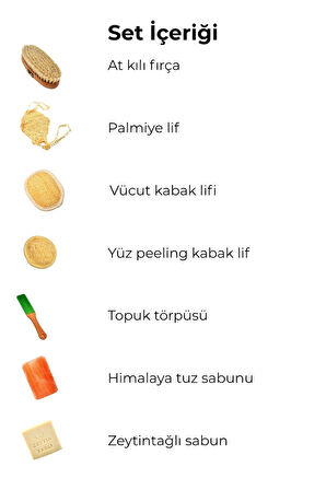 7'li Kişisel Bakım ve Banyo Seti (Kabak Lif + Sabun + At Kılı Fırçası + Tuz Sabunu + Topuk Törpüsü)