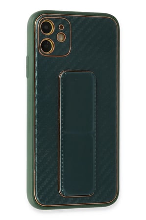 Mey İthalat®   iPhone 12 Kılıf Coco Karbon Standlı Kapak - Yeşil