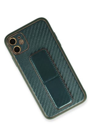 Mey İthalat®   iPhone 12 Kılıf Coco Karbon Standlı Kapak - Yeşil
