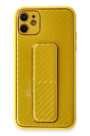 Mey İthalat®   iPhone 12 Kılıf Coco Karbon Standlı Kapak - Sarı