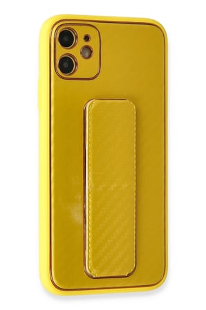 Mey İthalat®   iPhone 12 Kılıf Coco Karbon Standlı Kapak - Sarı
