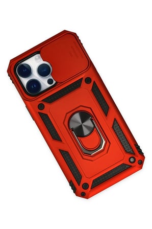 Mey İthalat®   iPhone 14 Pro Max Kılıf Pars Lens Yüzüklü Silikon - Kırmızı
