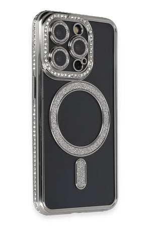 Mey İthalat®   iPhone 14 Pro Max Kılıf Joke Simli Magneticsafe Kılıf - Gri