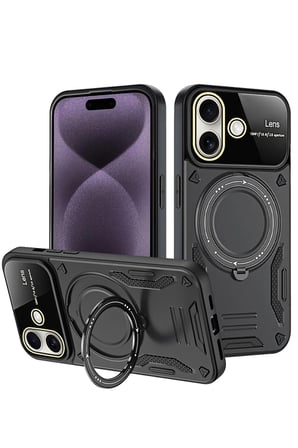 Mey İthalat®   iPhone 16 Kılıf Joy Lens Standlı Kapak - Siyah