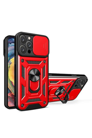 Mey İthalat®   iPhone 16 Pro Max Kılıf Pars Lens Yüzüklü Silikon - Kırmızı