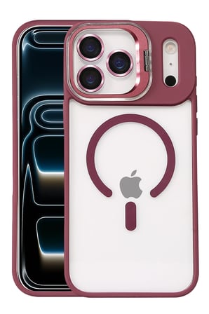 Mey İthalat®   iPhone 17 Pro Remim Lensli Magsafe Standlı Kapak - Bordo