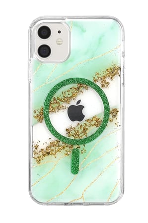 Mey İthalat®   iPhone 11 Lotus Simli Magsafe Kapak - Yeşil