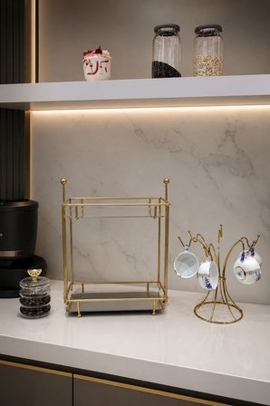 2'li Set Parlak Altın İki katlı İkramlık, 6 Kancalı Fincan Askılığı Mutfak Seti