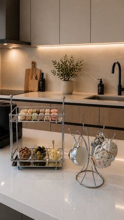 2'li Set Parlak Silver İki katlı İkramlık, 6 Kancalı Fincan Askılığı Mutfak Seti