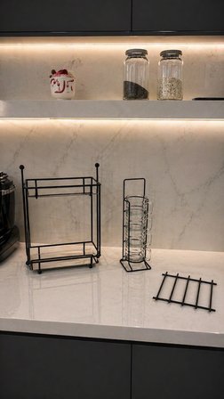 3'lü Set Siyah 4 Bölmeli Bardaklık Seti, İki katlı İkramlık, Nihale Mutfak Seti