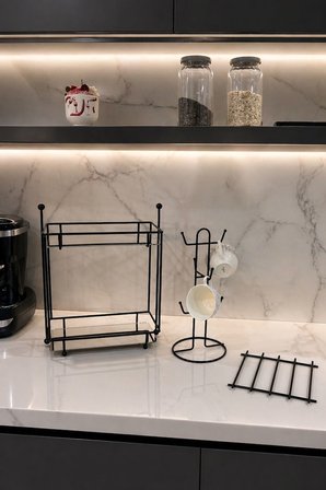 3'lü Set Siyah 6 Bölmeli Dik Bardak Askılık, İki katlı İkramlık, Nihale Mutfak Seti