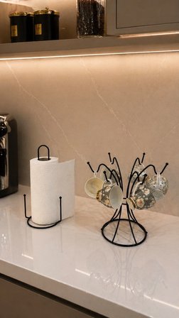 2'li Set Siyah 6 Kancalı Fincan Askılığı, Dik Kağıt Havluluk Misketli Mutfak Seti
