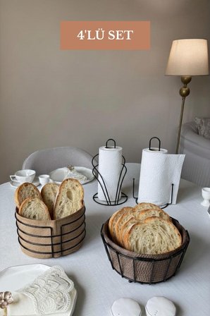 4'lü Set Siyah Kuğu Peçetelik, Dik Kağıt Havluluk Misketli, Oval Köşeli Ekmek Sepeti, Jütlü Yuvarlak Ekmek Sepeti Mutfak Seti