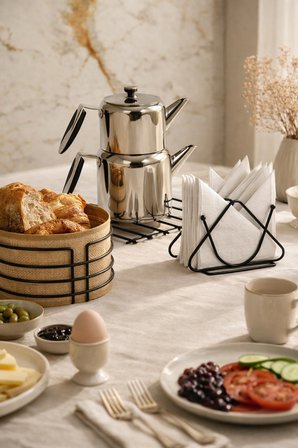 3'lü Set Siyah Jütlü Yuvarlak Ekmek Sepeti, Nihale, Üçgen Peçetelik Mutfak Seti