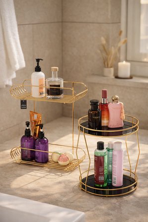 2'li Set Parlak Altın İki Katlı Şampuanlık, İki Katlı Zigzaglı Organizer Stand Banyo Seti