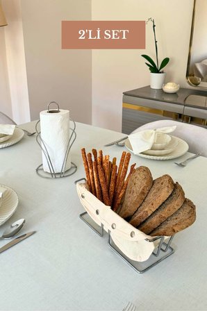 2’li Set Parlak Silver Dikdörtgen Ekmek Sepeti Kuğu Peçetelik Mutfak Seti